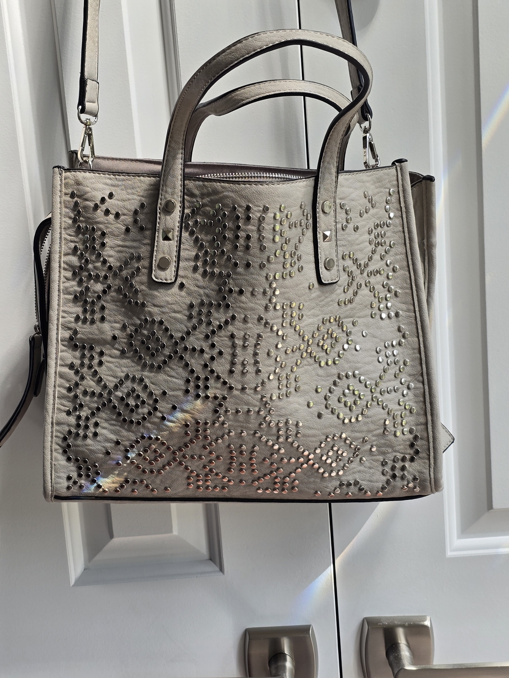 Prune Metallic Silver Studded Shoulder Tote
